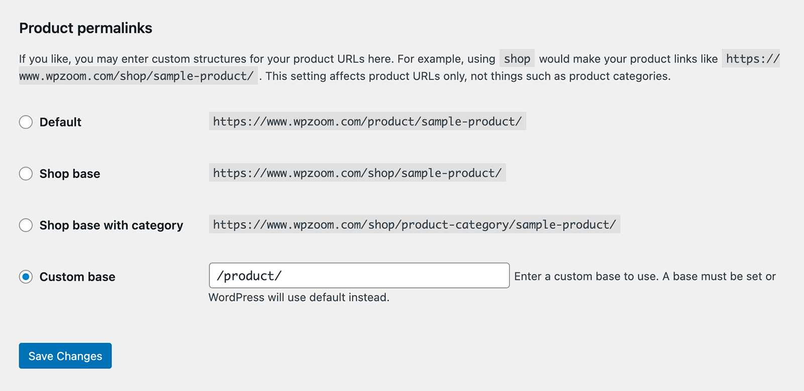 Permalink products settings
