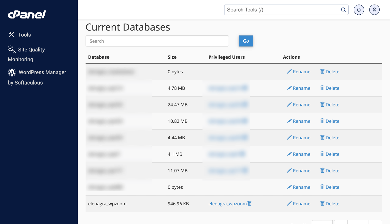cPanel MySQL Current Databases