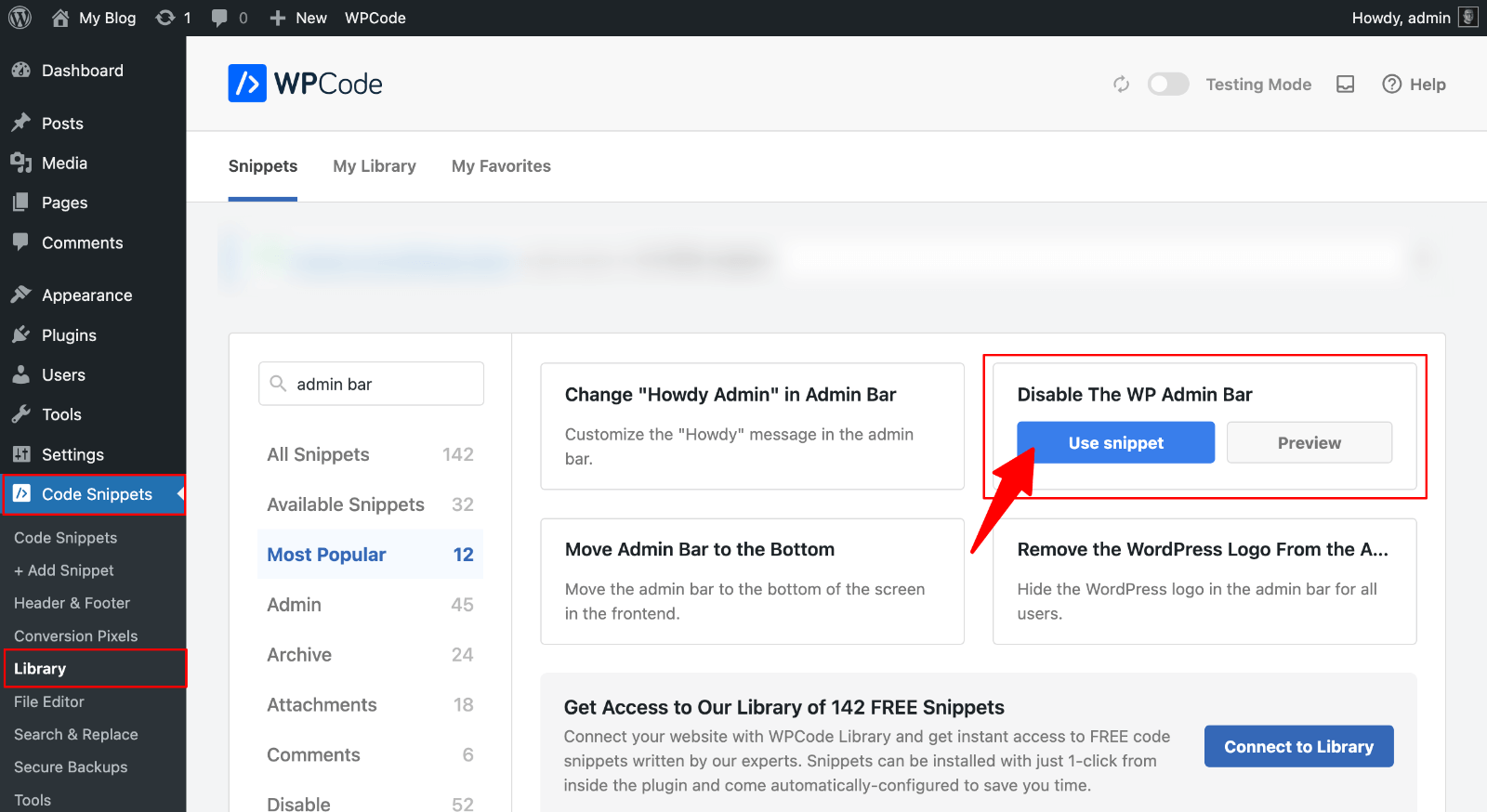 WPCode > Disable Admin Bar