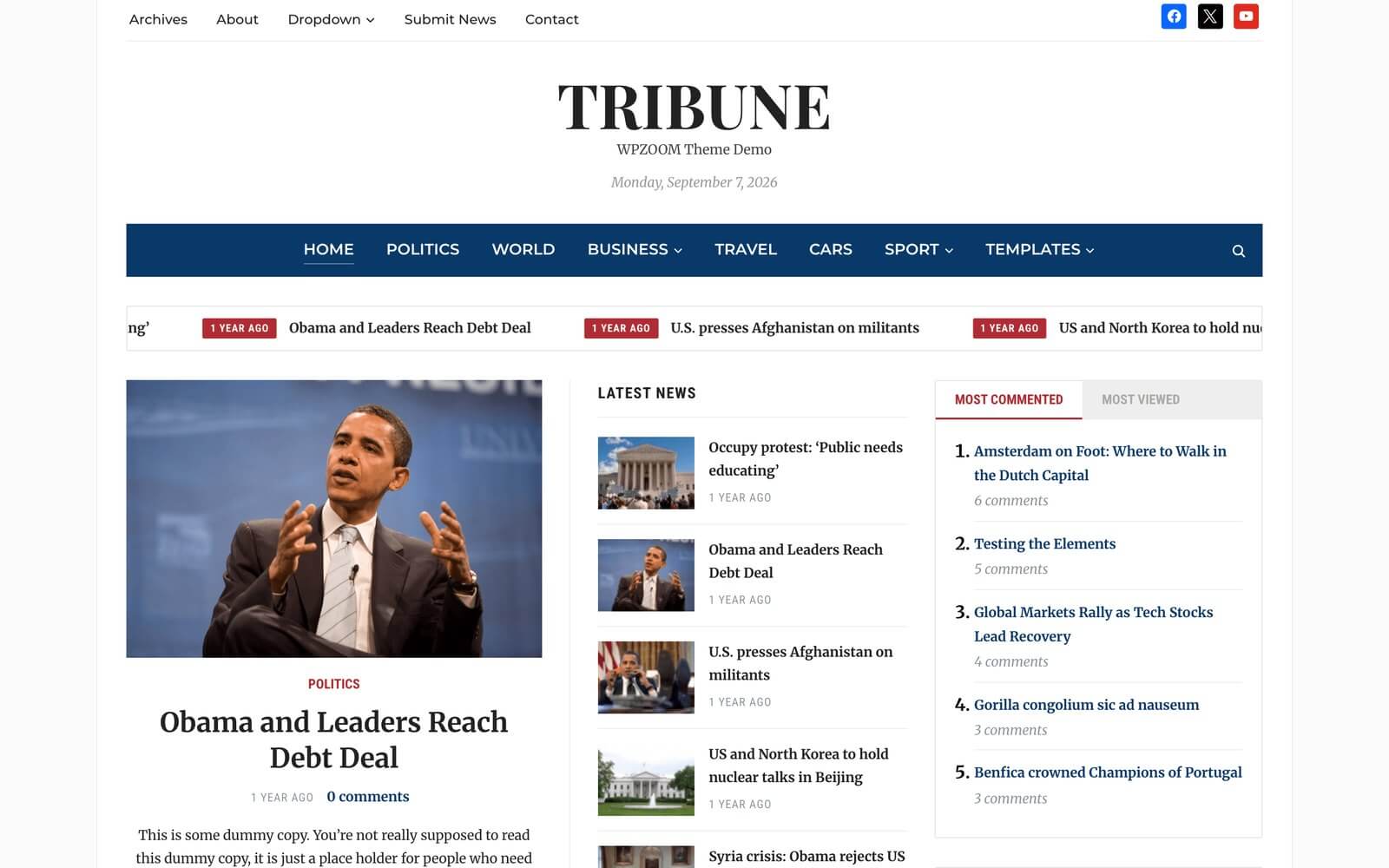 Tribune newspaper WordPress theme – Classic style demo homepage