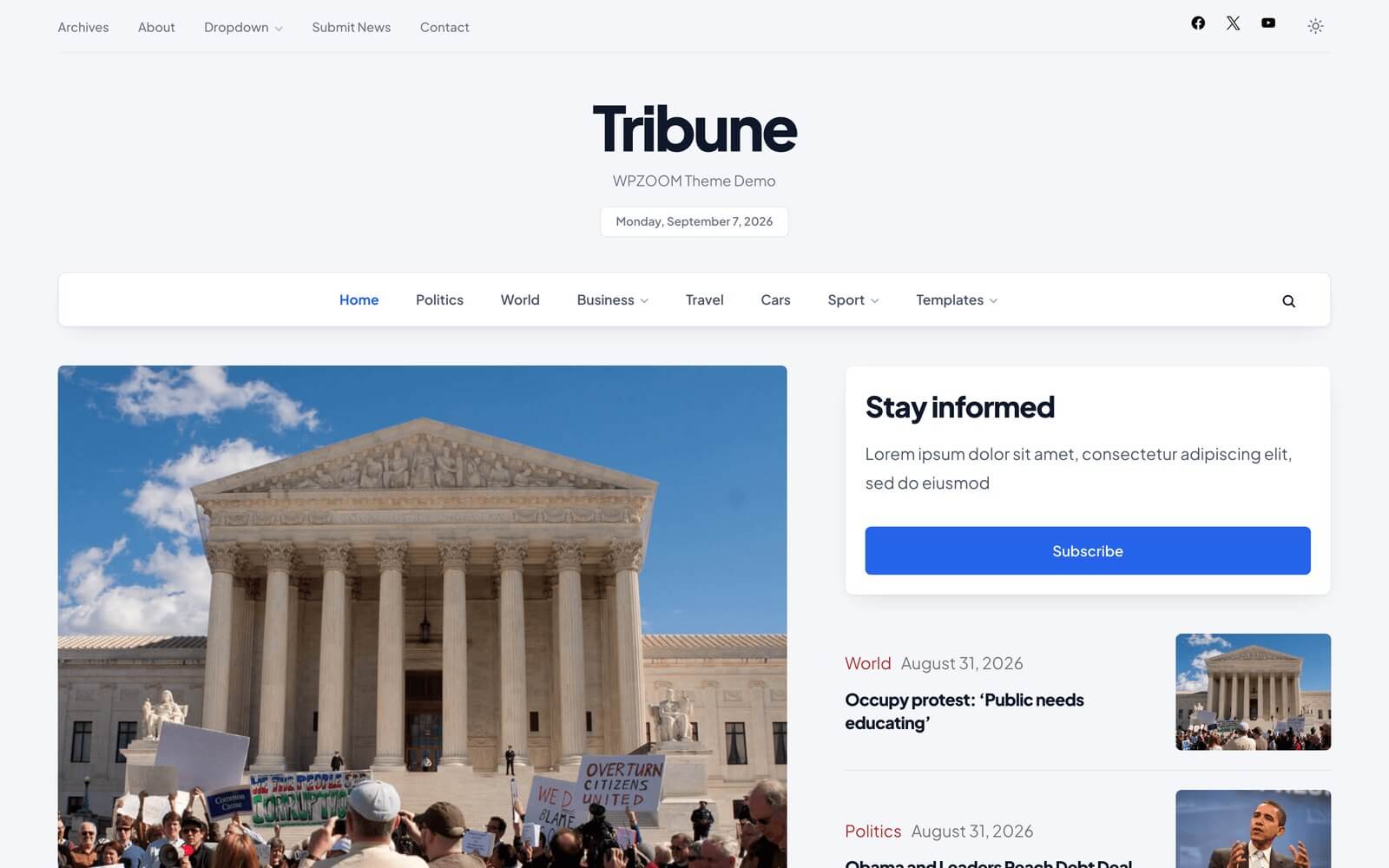 Tribune WordPress theme – Modern style, a card-based news homepage built with blocks