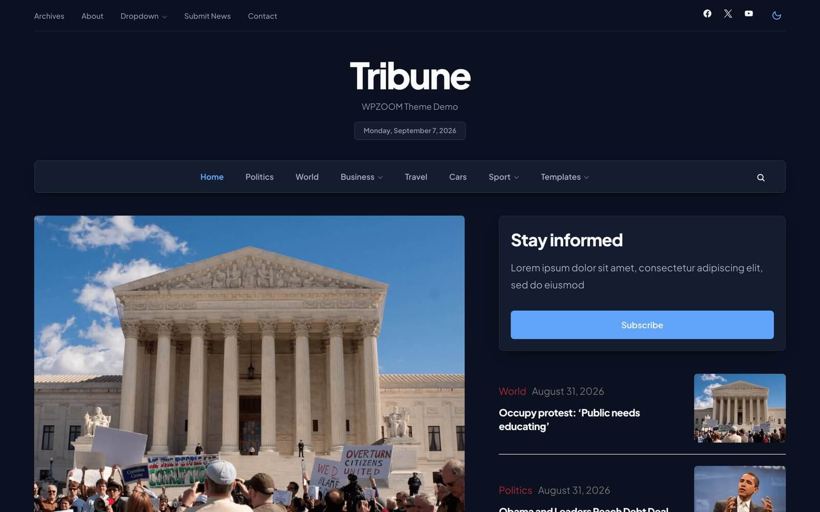 Tribune WordPress theme in dark mode