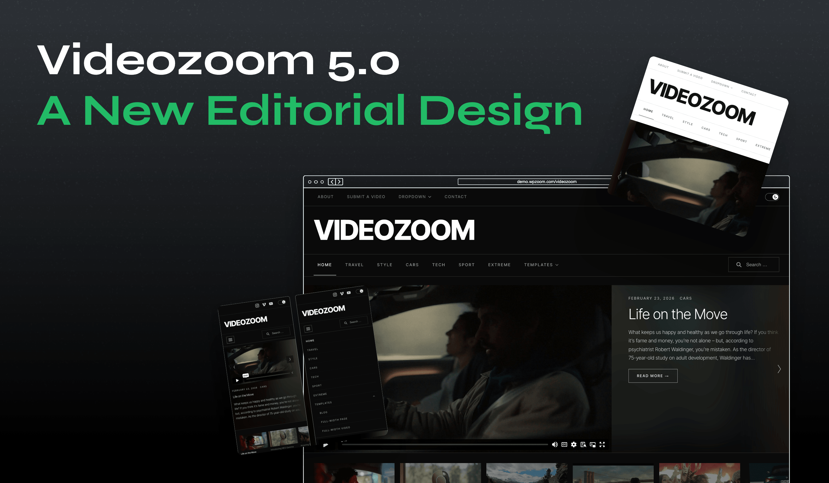 Videozoom 5.0 — a new Editorial design, cinematic slider and dark mode
